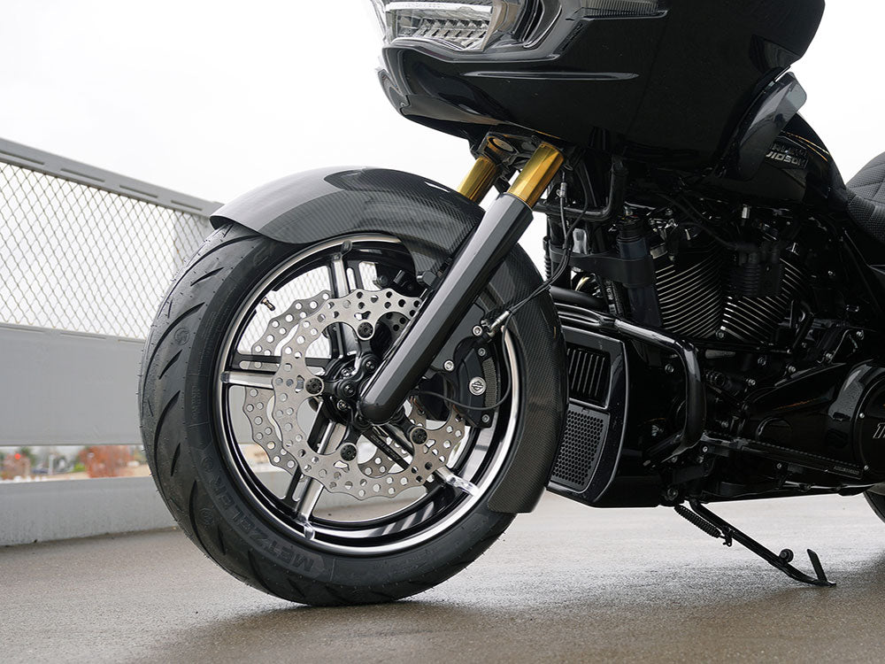 Carbon Fibre Radial Fat Wrap Front Fender. Fits CVO Touring 2023up, Street Glide & Road Glide 2024up & Touring 2025up with 18in.x8in. Front Wheel
