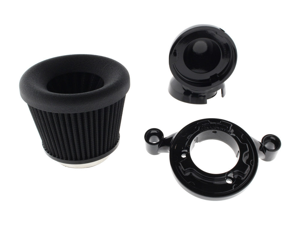 Velocity 90° Air Cleaner Kit - Black. Fits Softail 2000-2015, Dyna 1999-2017, Touring 1999-2007 with CV Carb or Cable Operated Delphi EFI