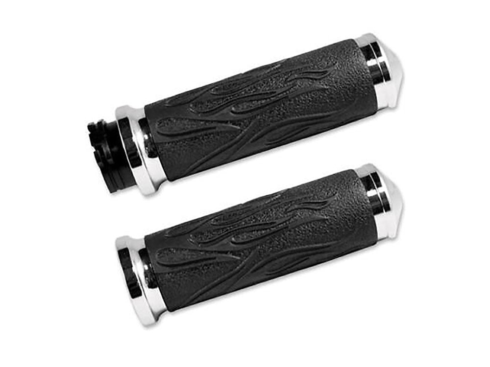 Flame Handgrips - Chrome. Fits H-D with Throttle Cable