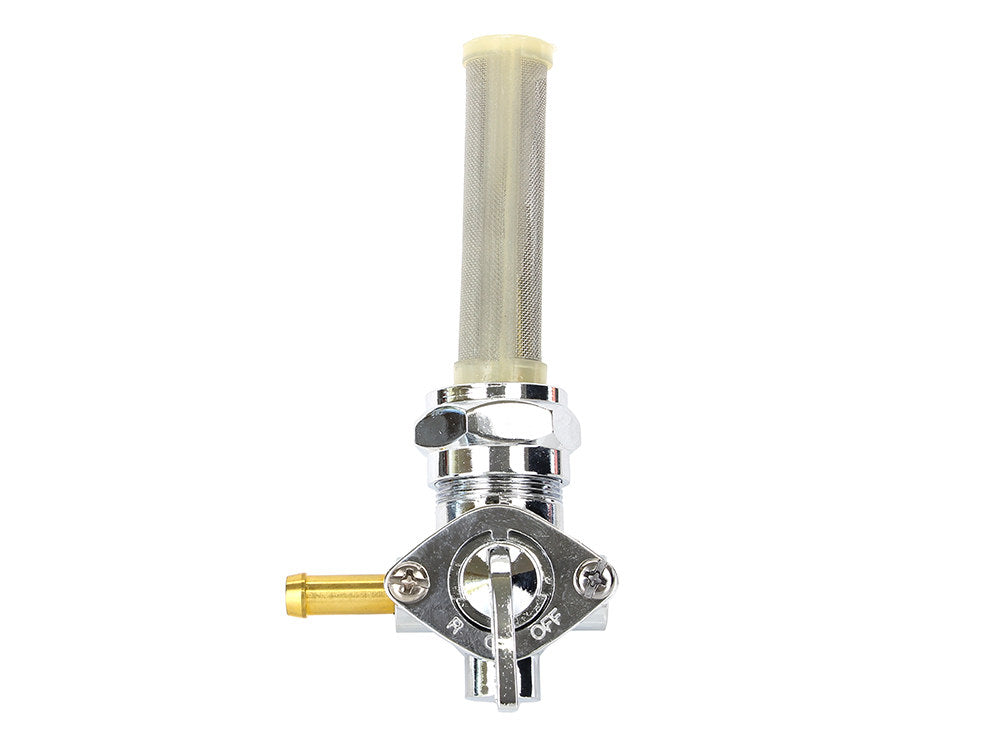 Fuel Tap / Petcock with 22mm Thread, 5/16in. Forward Facing Fuel Outlet - Chrome. Fits Softail 1984-2006, Dyna 1991-2006, FXR 1982-1994, Touring 1988-2006, Sportster 1975-2006 & 4Spd Big Twin 1975-1986