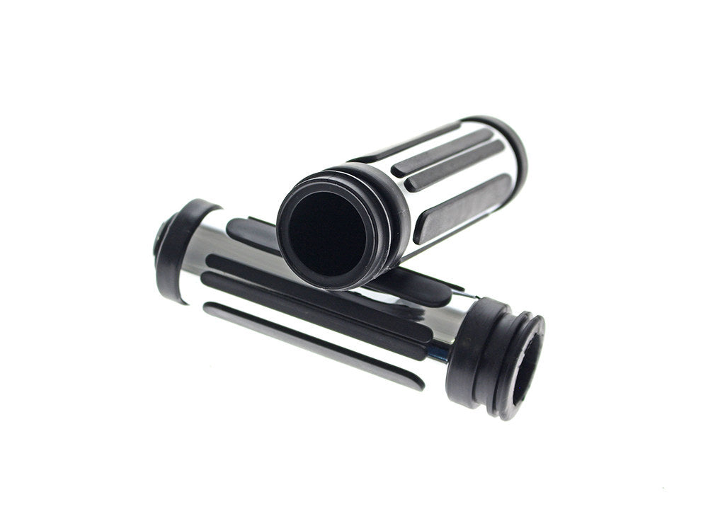 Chrome & Rubber Slotted Style Handgrips. Fits Big Twin 2008-2024 with Throttle-by-Wire