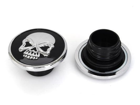 Screw-In Fuel Caps - Chrome & Black Skull. Fits H-D 1982-1995.