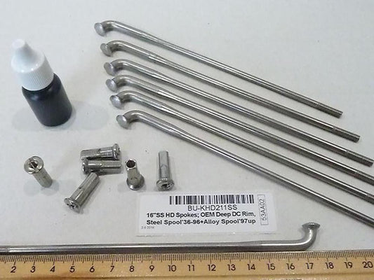 16in. Heavy Duty Spokes - Stainless Steel. Fits Original Style H-D Deep Drop Center Rim when used in conjunction with 1997up H-D style Rear Hub or H-D Style Wide Glide Front Hub.