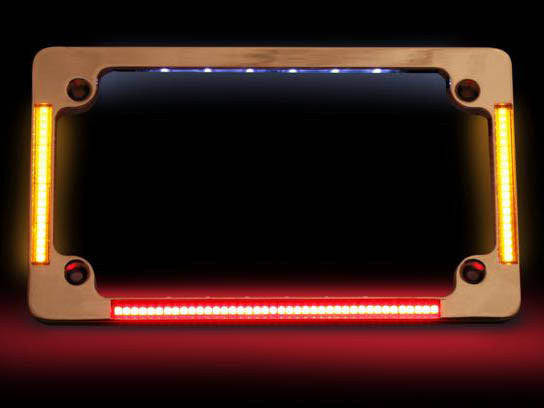 Flat Number Plate Frame with LED Amber Turn Signals & Red Brake Light - Chrome.