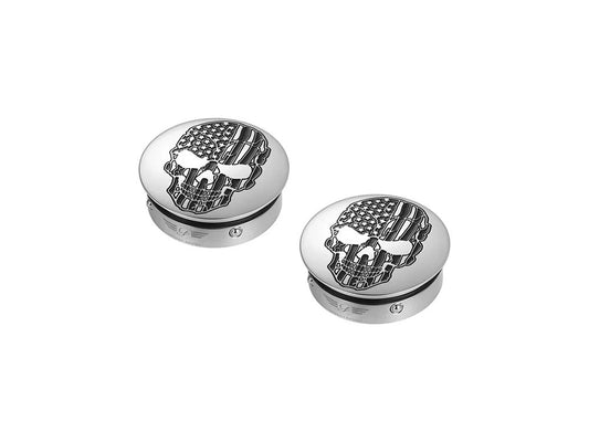 Swingarm Pivot Bolt Covers - Stainless with American Flag Skull. Fits Touring 2011up