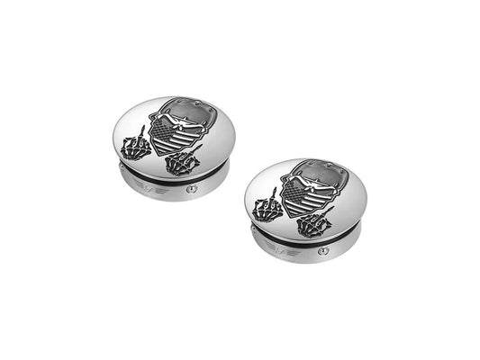 Swingarm Pivot Bolt Covers - Stainless with Masked Skull. Fits Touring 2011up