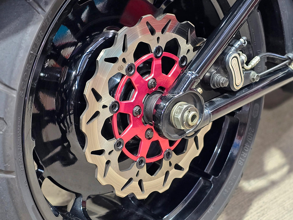 11.5in. Rear Floating Wave Disc Rotor with Red Carrier. Fits Big Twin 2000up & Sportster 2000-2010.