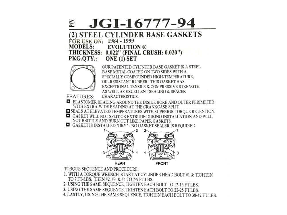 0.020in. Thick Cylinder Base Gaskets. Fits Evolution Big Twin 1984-1999.
