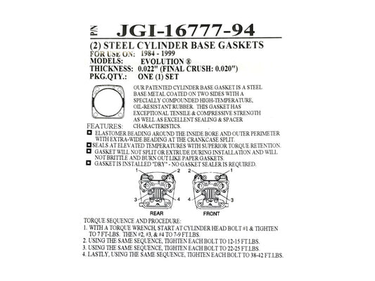 0.020in. Thick Cylinder Base Gaskets. Fits Evolution Big Twin 1984-1999.