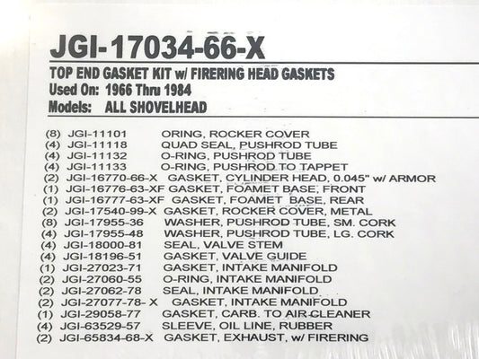 Top End Gasket Kit. Fits Big Twin 1966-1984 with Shovel Engine.