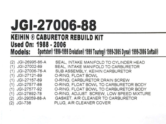 CV Carburettor Rebuild Kit. Fits Big Twin 1990-2006 & Sportster 1988-2006