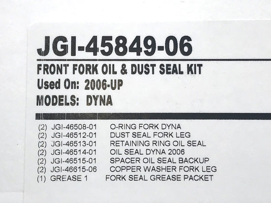49mm Fork Seal Kit. Fits Dyna 2006-2017, Rocker 2008-2011, V-Rod 2002-2011, Touring 2014up, Breakout 2013up & Some Softail 2018up