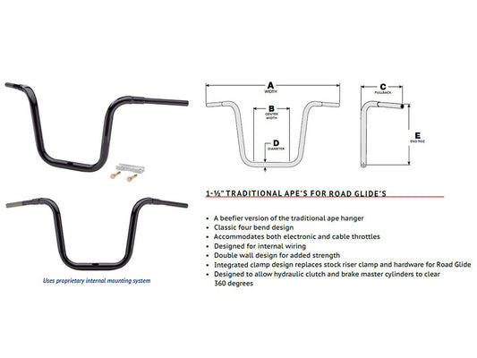 16in. x 1-1/2in. Grande Traditional Ape Handlebar - Gloss Black. Fits Road Glide 2015-2023