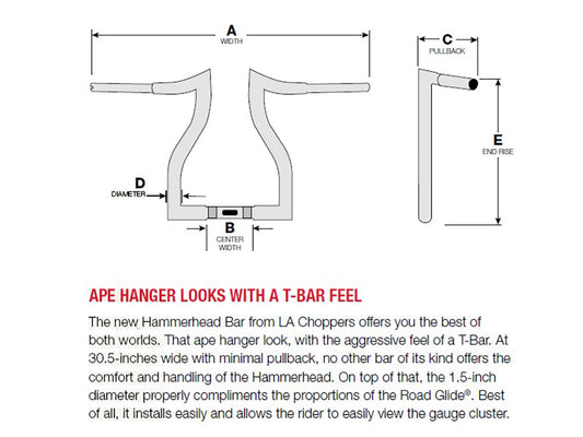 16in. x 1-1/2in. Hammerhead Handlebar - Chrome. Fits Road Glide 2015-2023 & Road King Special 2017-2025