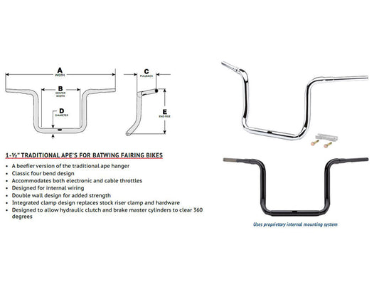10in. x 1-1/2in. Grande Traditional Ape Handlebar - Gloss Black. Fits Ultra Models 2014up and Street Glide 2014-2023