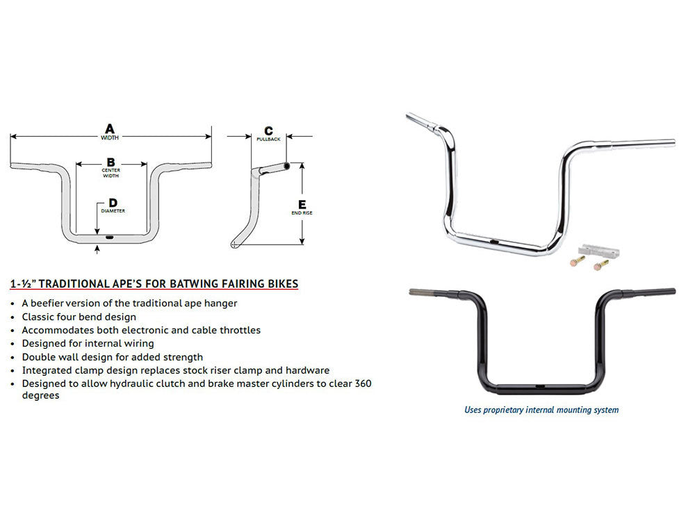 12in. x 1-1/2in. Grande Traditional Ape Handlebar - Gloss Black. Fits Ultra Models 2014up and Street Glide 2014-2023