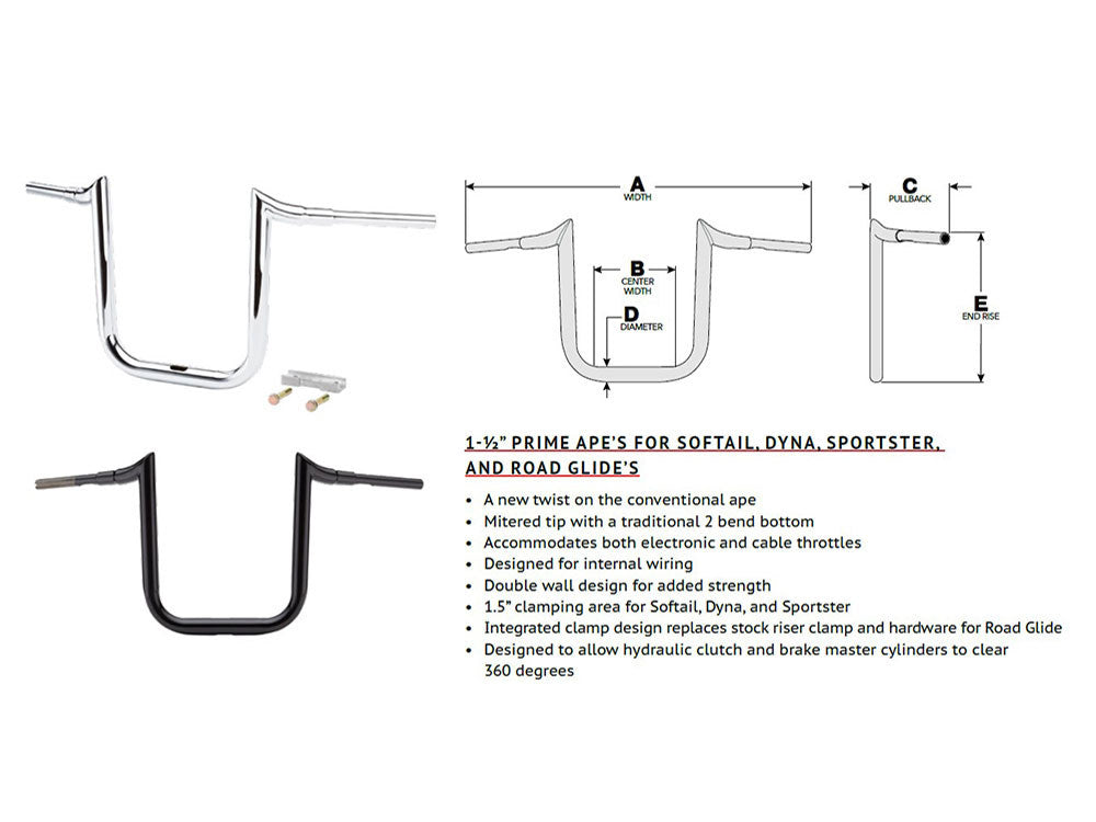 12in. x 1-1/2in. Grande Prime Ape Handlebar - Chrome.