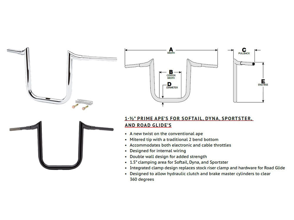16in. x 1-1/2in. Grande Prime Ape Handlebar - Gloss Black.