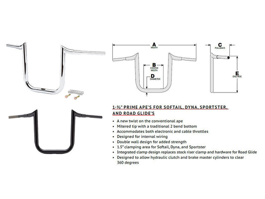 16in. x 1-1/2in. Grande Prime Ape Handlebar - Gloss Black. Fits Road Glide 2015-2023 & Road King Special 2017up