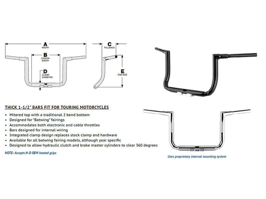 14in. x 1-1/2in. Grande Twin Peaks Handlebar - Gloss Black. Fits Ultra Models 2014up and Street Glide 2014-2023