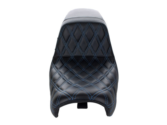 Kickflip Dual Seat with Blue Double Diamond Stitch. Fits Dyna 2006-2017.