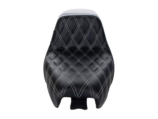 Kickflip Dual Seat with White Double Diamond Stitch. Fits Sportster 2004-2006 & Sportster 2010-2021 Models with either 3.3 or 4.5 Gallon Tank.