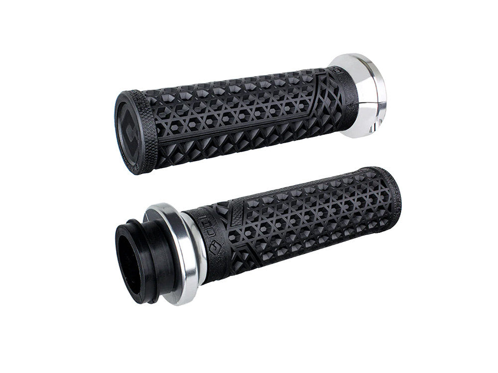 Vans Signature Lock-On Handgrips - Black/Silver. Fits Big Twin 2008-2024 with Throttle-by-Wire