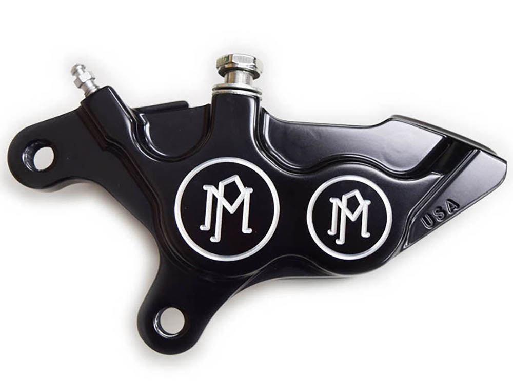 Left Hand Front 4 Piston Caliper - Black Contrast Cut. Fits Softail 2000-2014, Dyna 2000-2017, Touring 2000-2007 & Sportster 2000-2007 Models with 11.5in. Disc Rotor.
