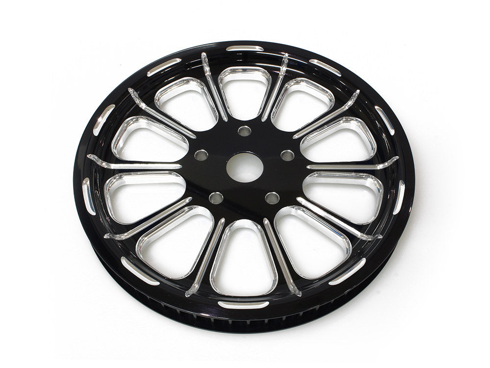 66 Tooth x 1in. wide Revel Pulley - Black Contrast Cut Platinum. Fits Softail 2012-2017, Breakout 2013-2017 & Rocker 2008-2011.
