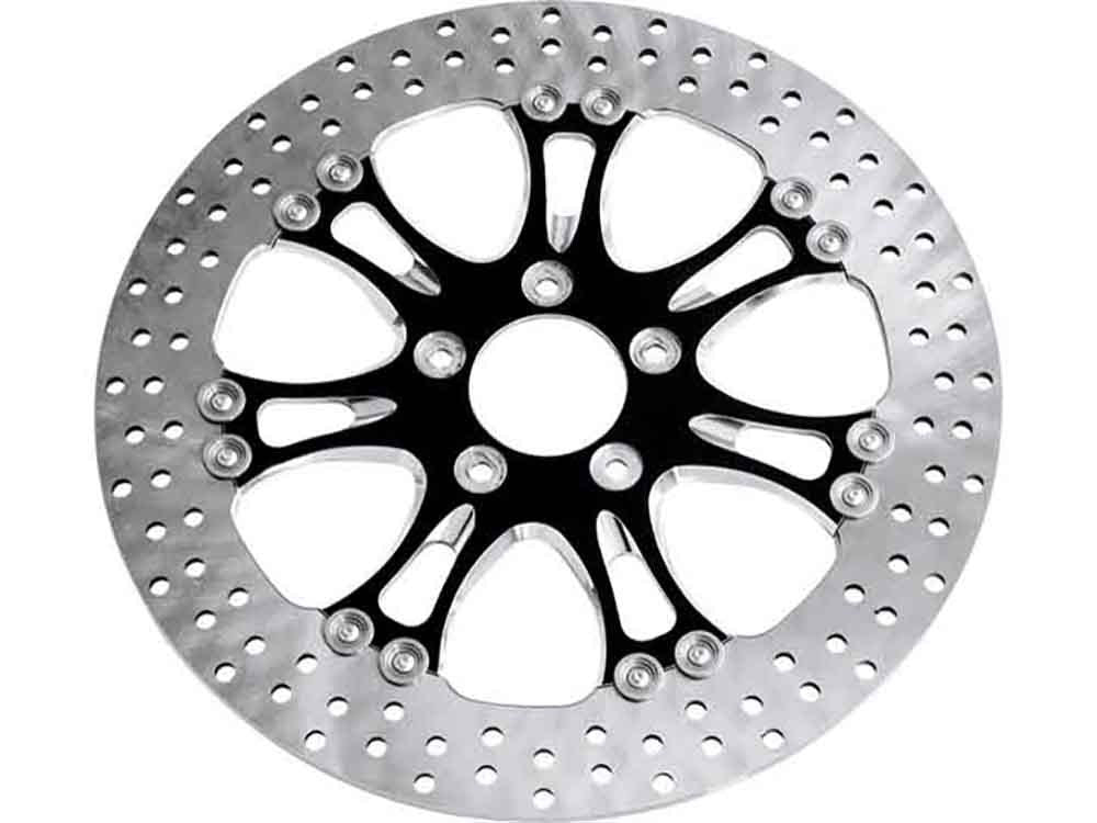 11.8in. Left Hand Front & Right Hand Front Heathen & Paramount Disc Rotor - Black Contrast Cut Platinum. Fits Softail 2015up, Touring 2008up, Dyna 2006-2017 & Sportster 2014-2021