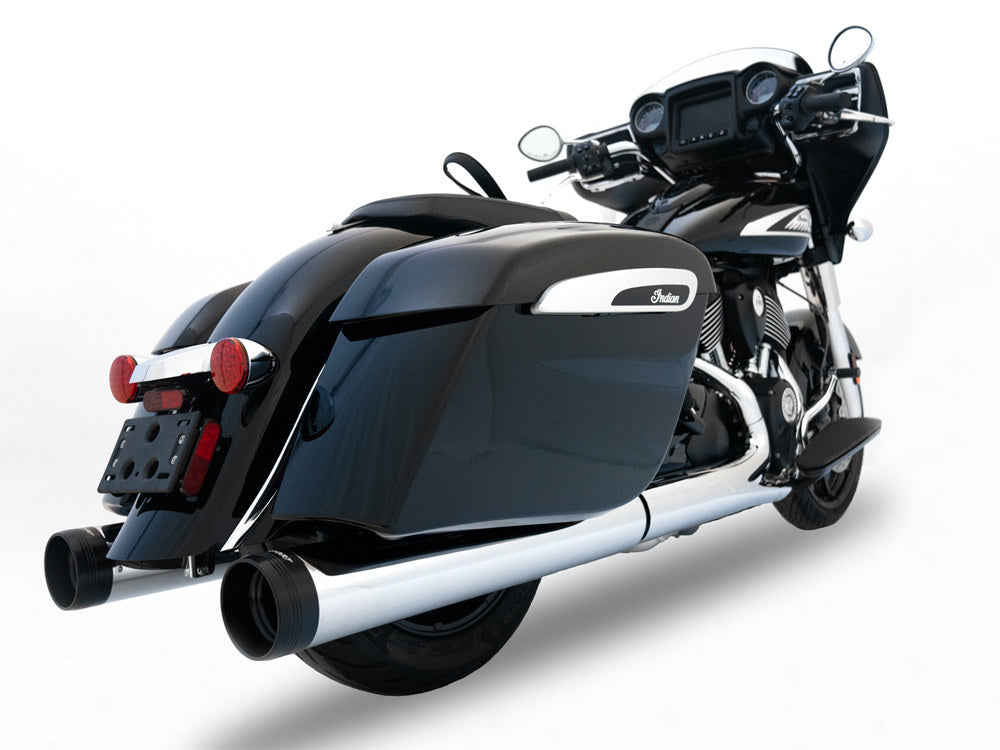 4.5in. Slip-On Mufflers - Chrome with Black End Caps. Fits Indian Big Twin 2014up with Hard Saddle Bags.