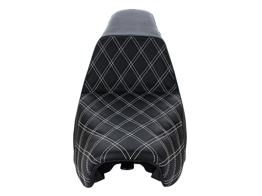 Step-Up LS Dual Seat with White Double Diamond Lattice Stitch. Fits Dyna 2006-2017.