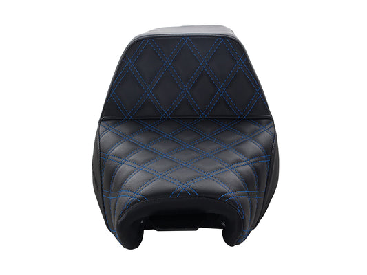 Step-Up LS Dual Seat with Blue Double Diamond Lattice Stitch. Fits Sportster 2004-2021 with 4.5 Gallon Fuel Tank.