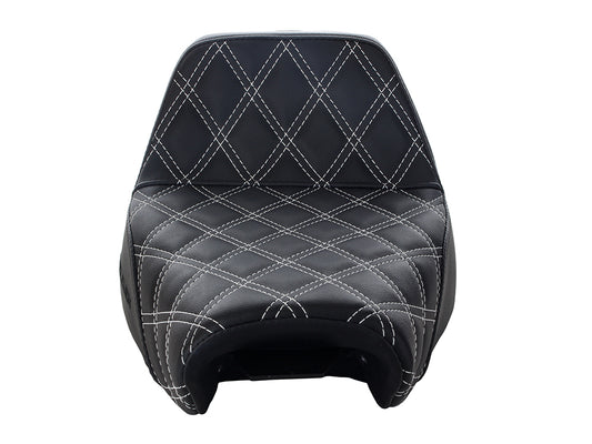 Step-Up LS Dual Seat with White Double Diamond Lattice Stitch. Fits Sportster 2004-2021 with 4.5 Gallon Fuel Tank.