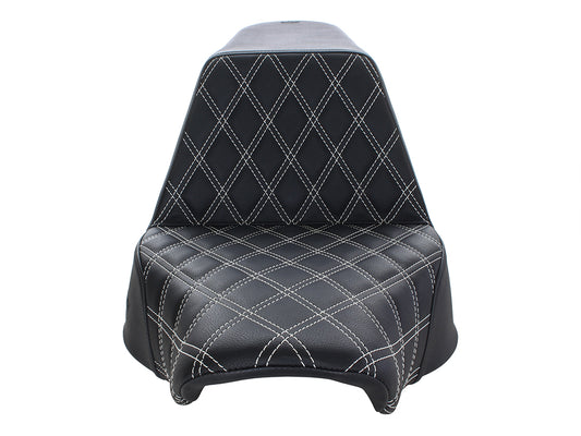 Step-Up Front LS Dual Seat with White Double Diamond Lattice Stitch. Fits Fat Boy 2018up & Breakout 2023up