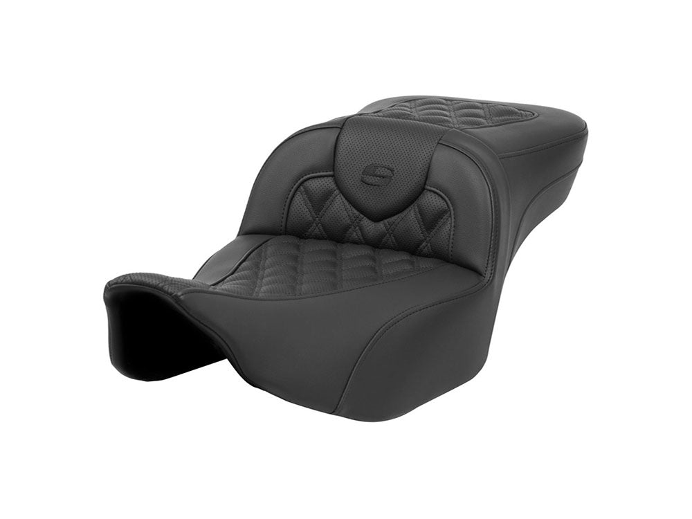 Extended Roadsofa LS Dual Seat with Black Double Diamond Lattice Stitch. Fits CVO Touring 2023up, Street Glide & Road Glide 2024up, Touring 2025up