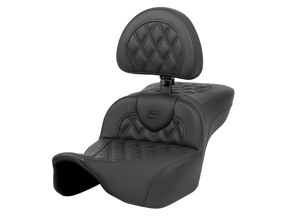 Extended Roadsofa LS Dual Seat With Backrest & Black Double Diamond Lattice Stitch. Fits CVO Touring 2023up, Street Glide & Road Glide 2024up, Touring 2025up
