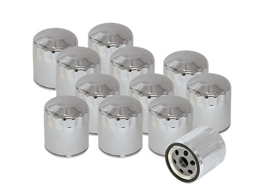 Oil Filters - Chrome. Fits Softail 1984-1999, Sportster 1984-2021, FXR 1983-1994, Touring 1980-1998 & Buell 1995-2002. Box of 12.