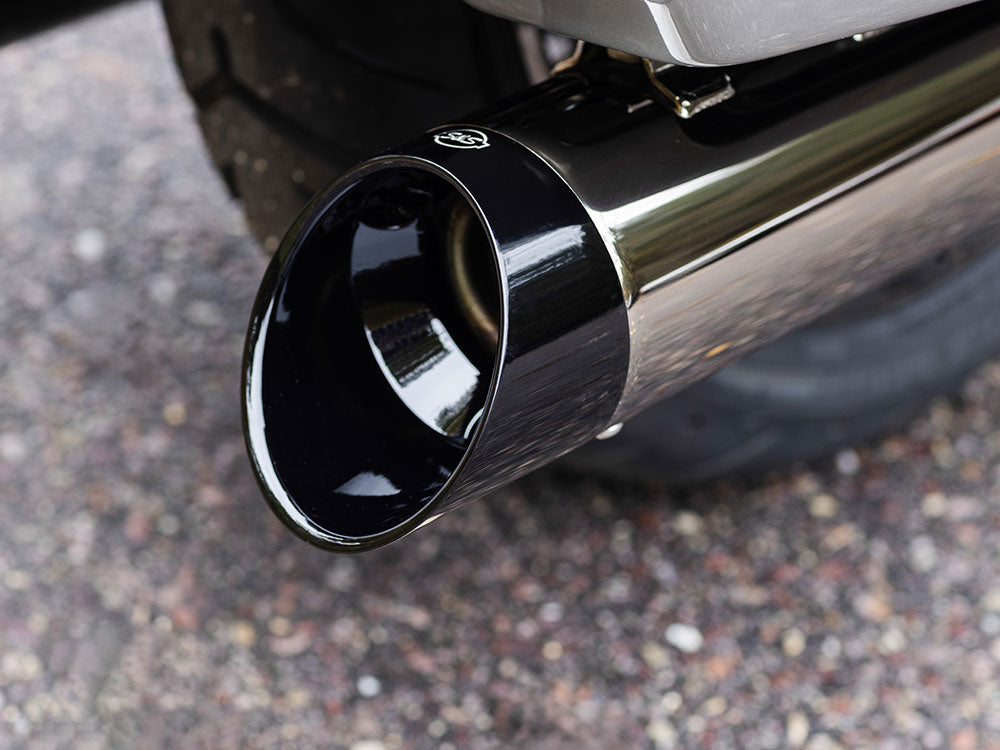4-1/2in. Mk45 Slip-On Mufflers - Lava Chrome with Black Cutlass End Caps. Fits Touring 2017up.