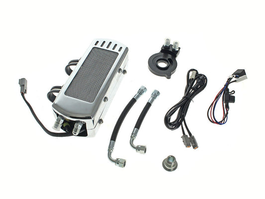 Fan Assisted Side Mount Oil Cooler Kit - Chrome. Fits Softail 2018up with no Crash Bar/Engine Guard