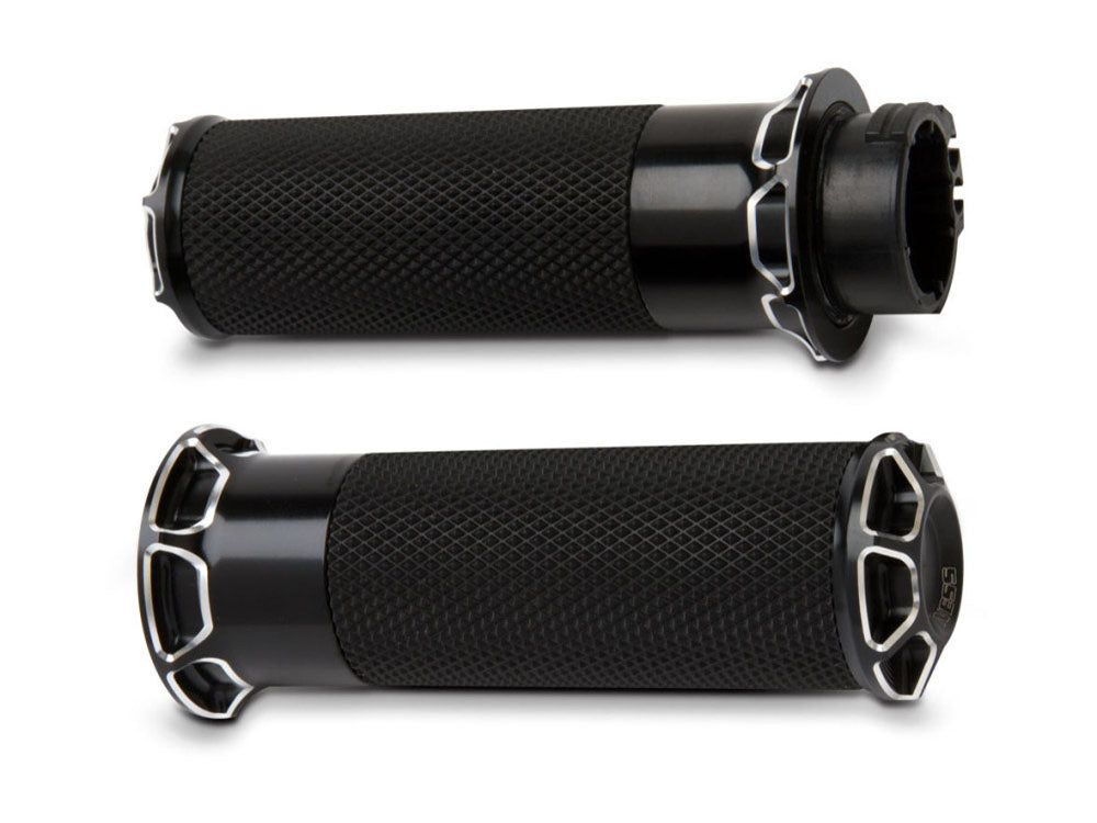Fusion Beveled Handgrips - Black. Fits H-D with Throttle Cable.