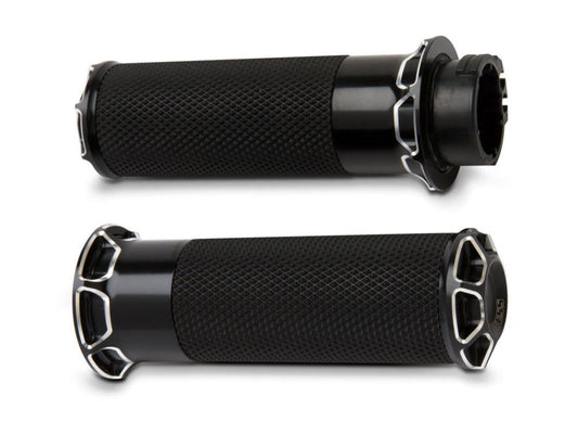 Fusion Beveled Handgrips - Black. Fits H-D with Throttle Cable.