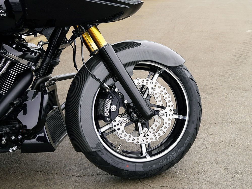 Carbon Fibre Radial Fat Wrap Front Fender. Fits CVO Touring 2023up, Street Glide & Road Glide 2024up & Touring 2025up with 18in.x8in. Front Wheel