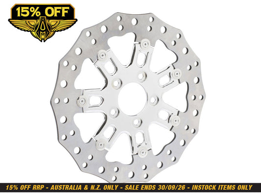 11.8in. Front 7-Valve Disc Rotor - Chrome. Fits Dyna 2006-2017, Softail 2015up, Sportster 2014-2021 & Some Touring 2008up.