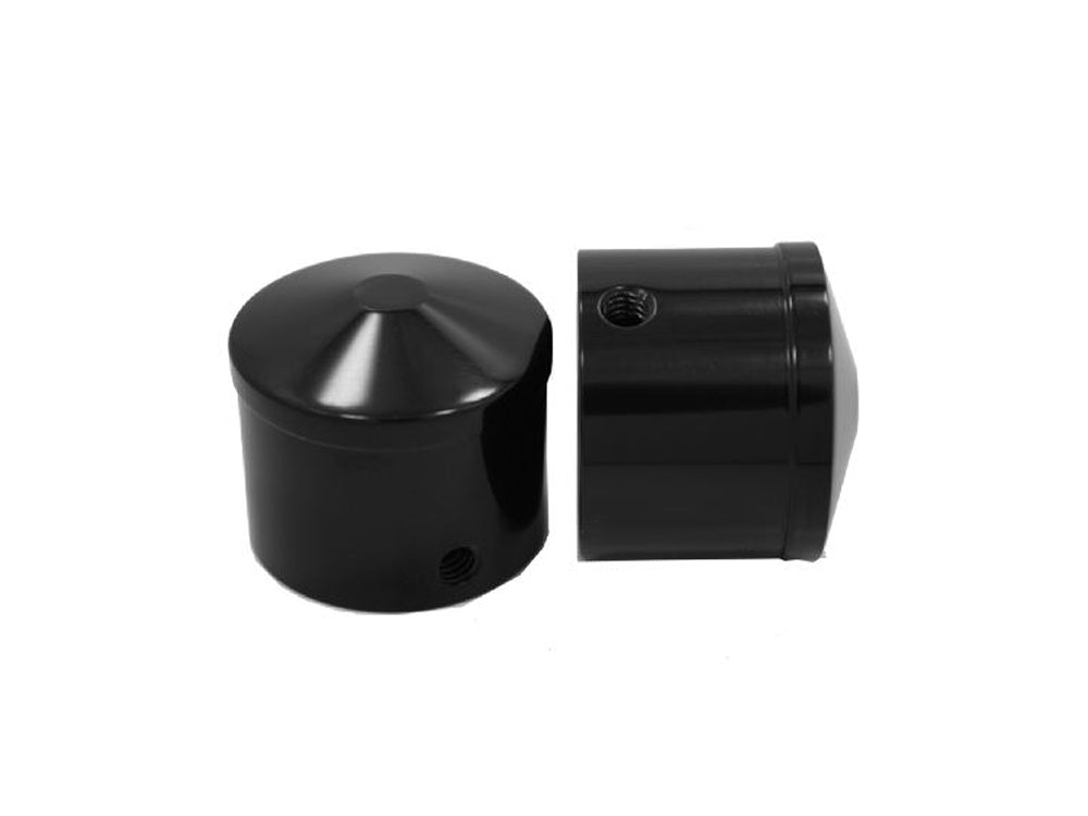 Front Axle Caps - Black. Fits Touring 2008up, Softail 2007-2017, Dyna 2008-2017, Sportster 2008-2021, V-Rod 2008-2011, Street 2015-2020