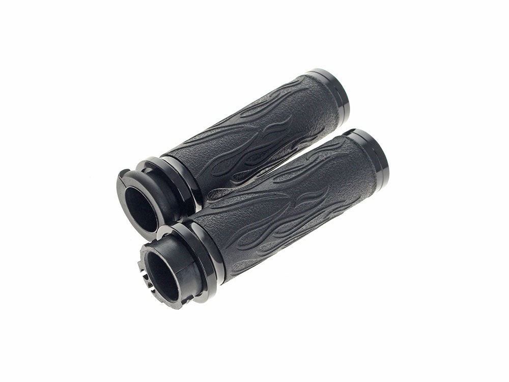 Flame Handgrips - Black. Fits H-D with Throttle Cable