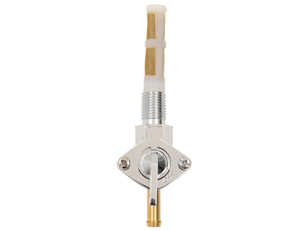 Fuel Tap / Petcock with 3/8in. NPT Thread, 5/16in. Downward Facing Fuel Outlet - Chrome. Fits H-D Pre 1975.