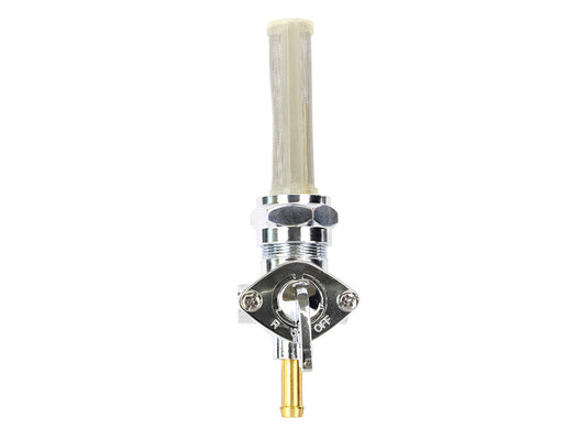 Fuel Tap / Petcock with 22mm Thread, 5/16in. Downward Facing Fuel Outlet - Chrome. Fits Softail 1984-2006, Dyna 1991-2006, FXR 1982-1994, Touring 1988-2006, Sportster 1975-2006 & 4Spd Big Twin 1975-1986