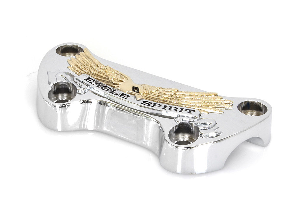Eagle Spirit Logo Handlebar Top Clamp - Chrome & Gold. Fits HD Big Twin 1974up & Sportster 1974-2021.