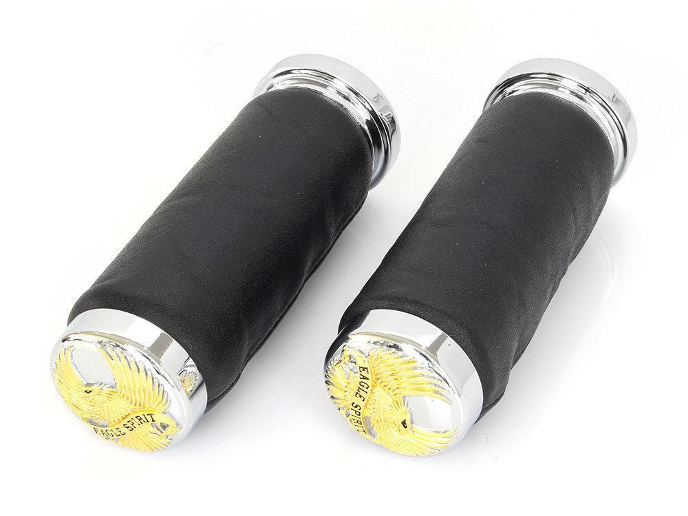Leather Grips with Gold Eagle Spirit End Caps. Fits H-D with Throttle Cable.